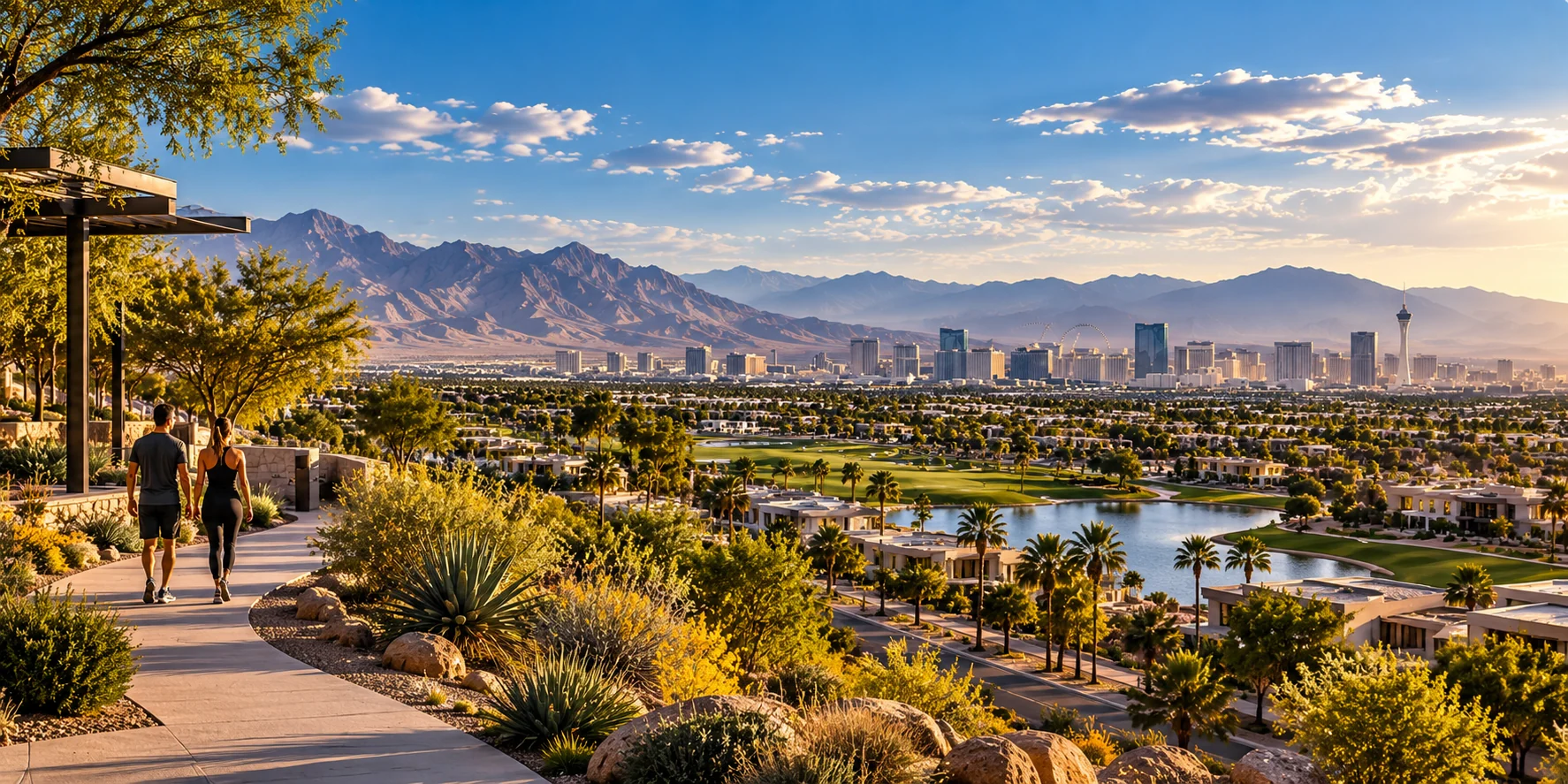 Couple walking a landscaped path above a residential valley with mountains and the distant Las Vegas skyline