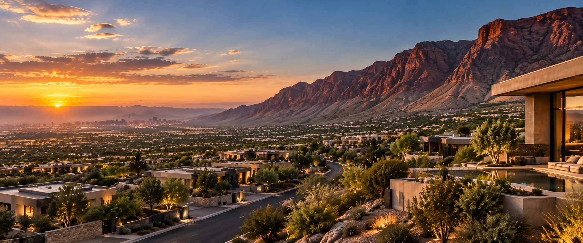 Residential neighborhoods beneath desert mountains at sunset