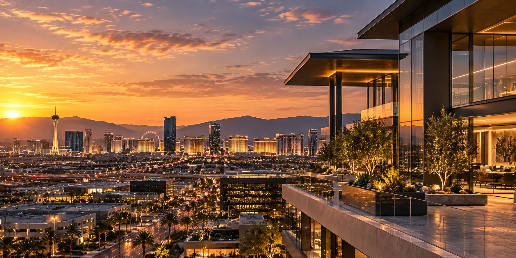 Las Vegas skyline at sunset seen from a modern commercial terrace